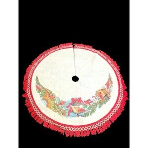 Vtg Felt Christmas Tree Skirt Cardinal Holly Berry Bird Houses Fringed￼